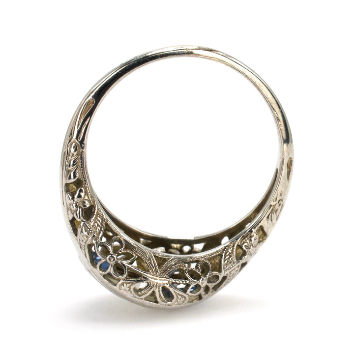 Art Deco Diamond and Sapphire Filigree Engagement Ring in 18K White Gold