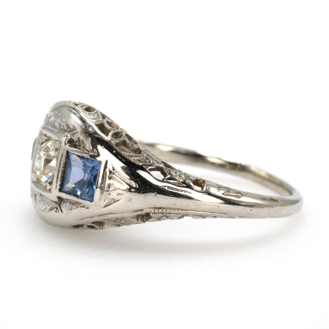 Art Deco Diamond and Sapphire Filigree Engagement Ring in 18K White Gold