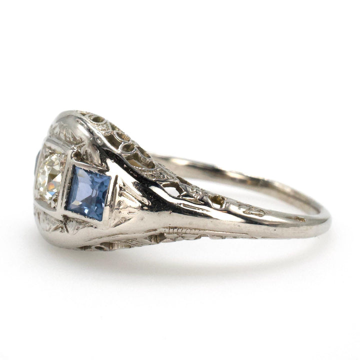 Art Deco Diamond and Sapphire Filigree Engagement Ring in 18K White Gold