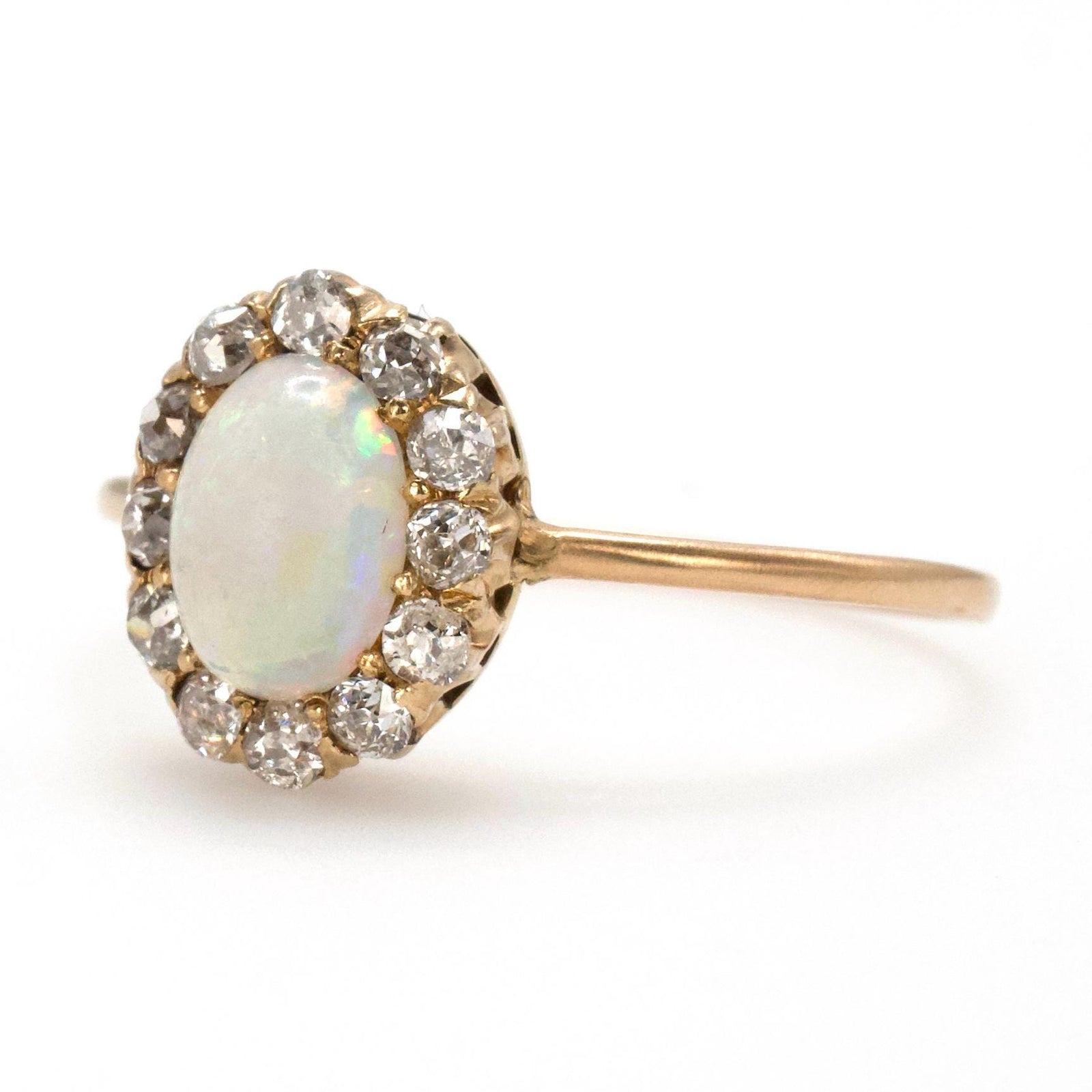 Victorian Opal and Old Mine & European Cut Diamond Halo Ring