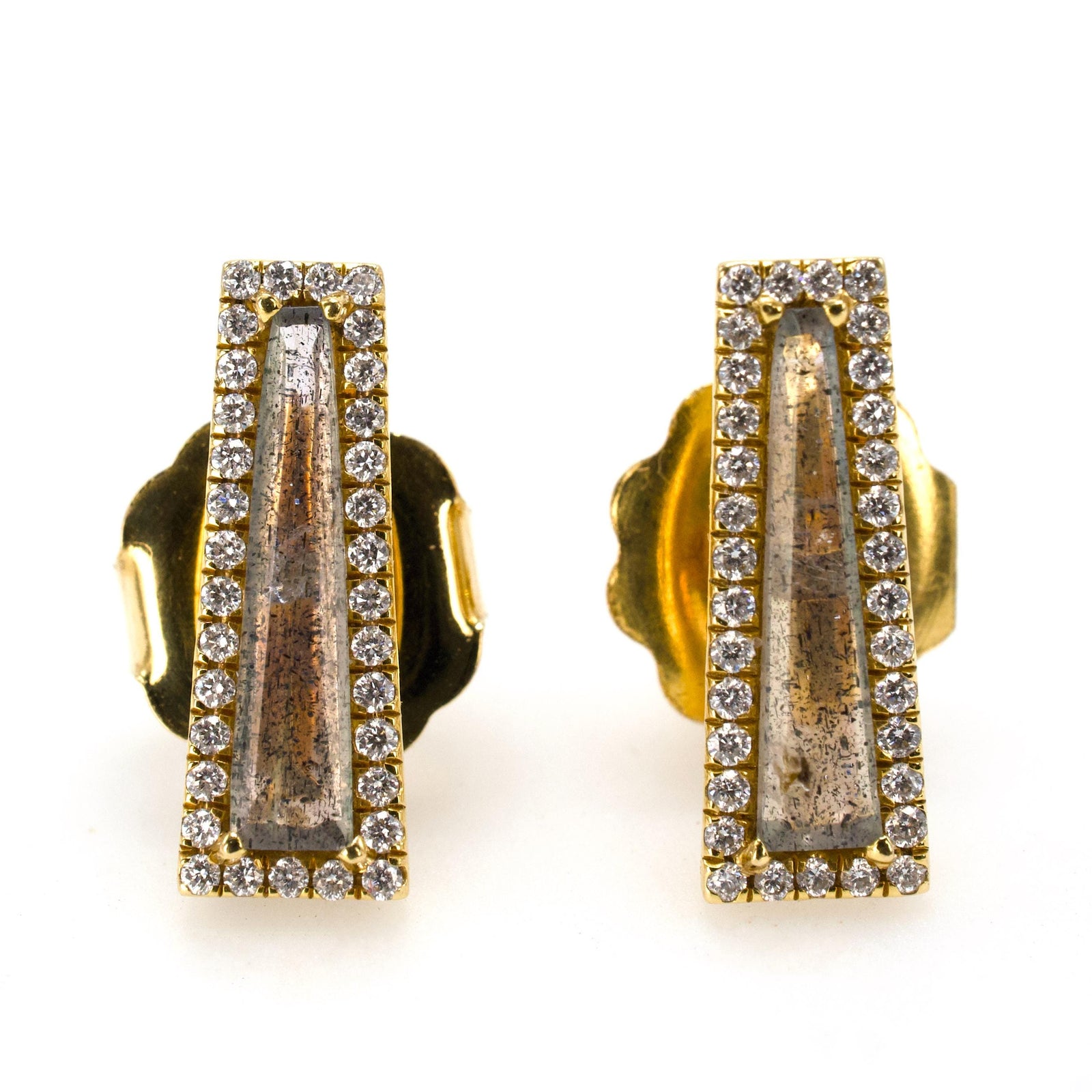 Trapezoid Cut Labradorite Stud Earrings with Diamond Surround in 18K Yellow Gold