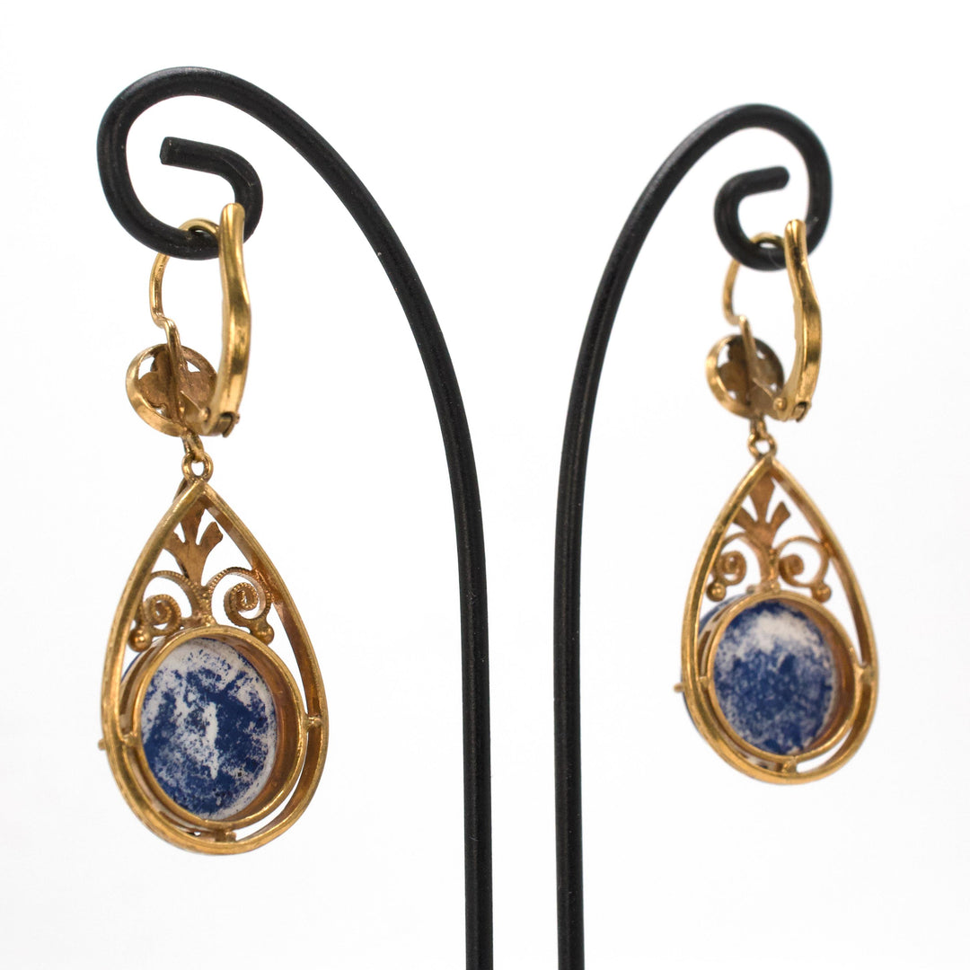 Estate Etruscan Revival Style Ceramic Cameo Gold Earrings