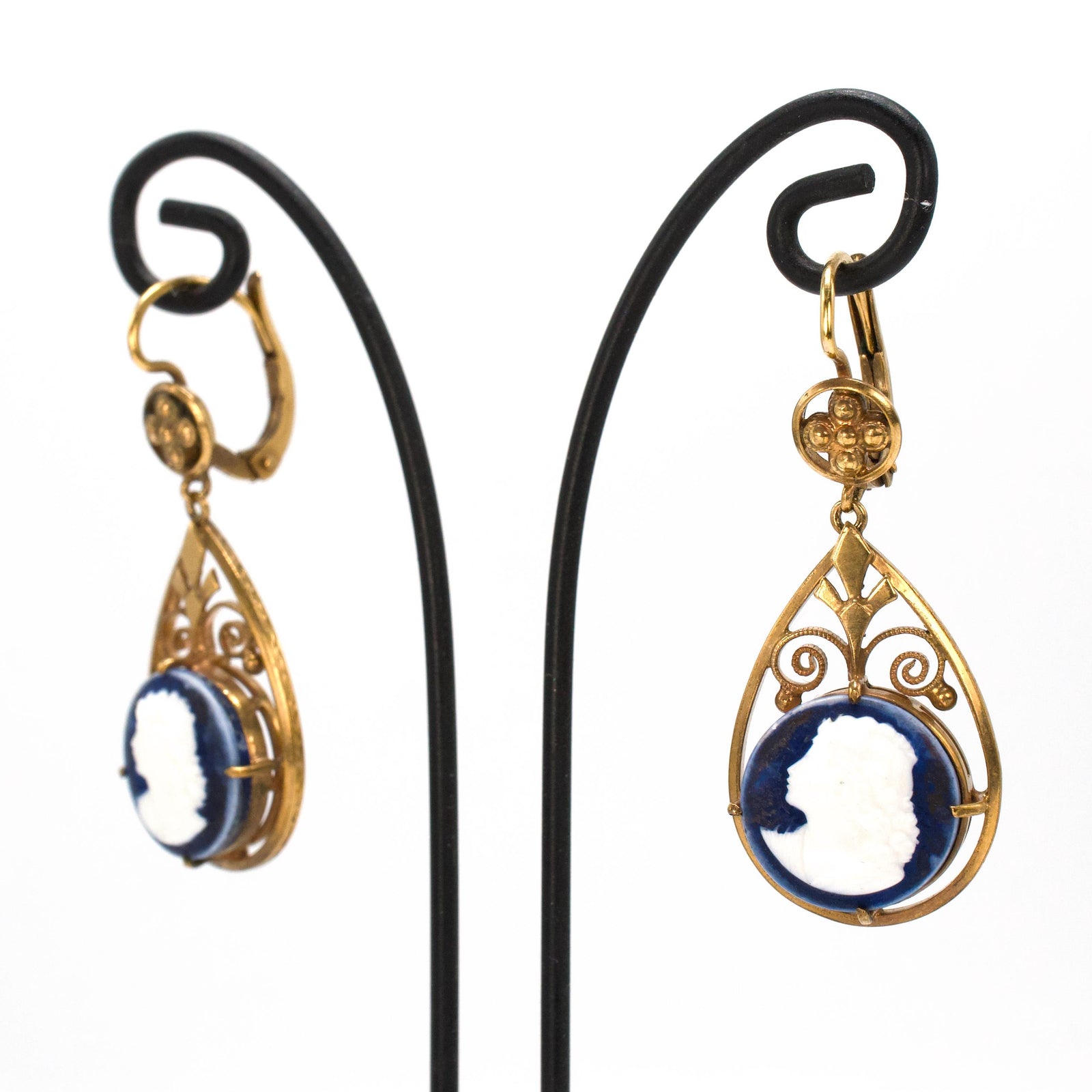 Estate Etruscan Revival Style Ceramic Cameo Gold Earrings