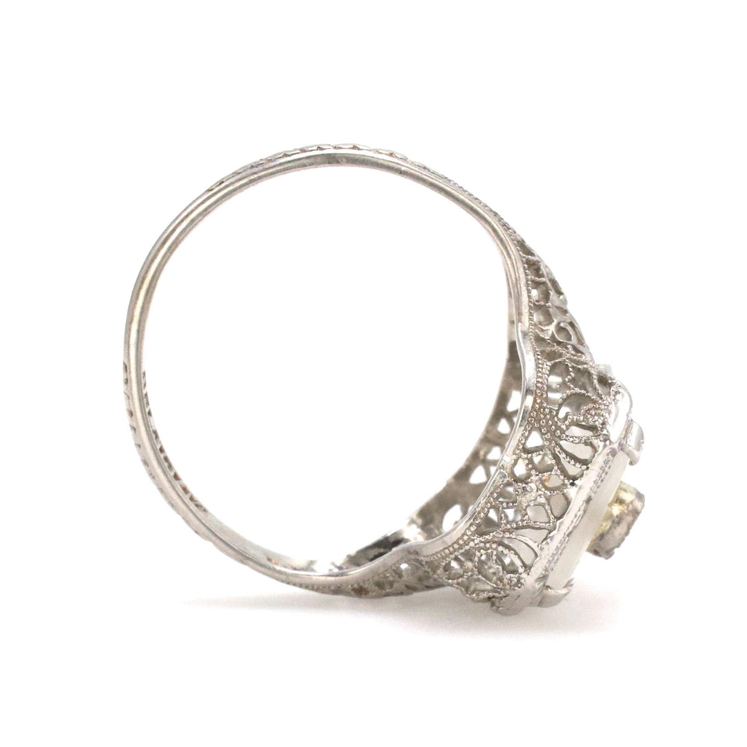 Art Deco Camphor Glass and Diamond Filigree Ring by Belais