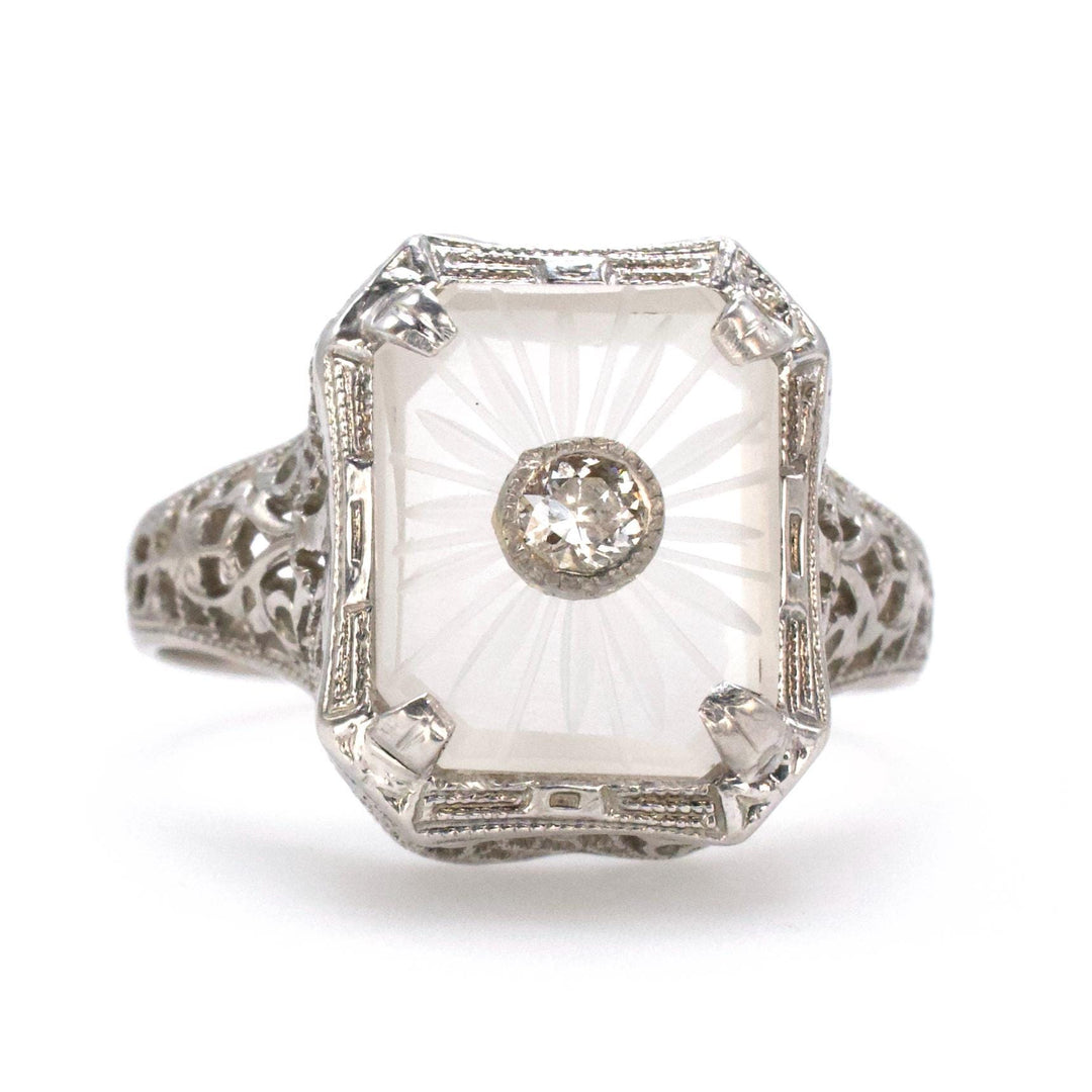Art Deco Camphor Glass and Diamond Filigree Ring by Belais