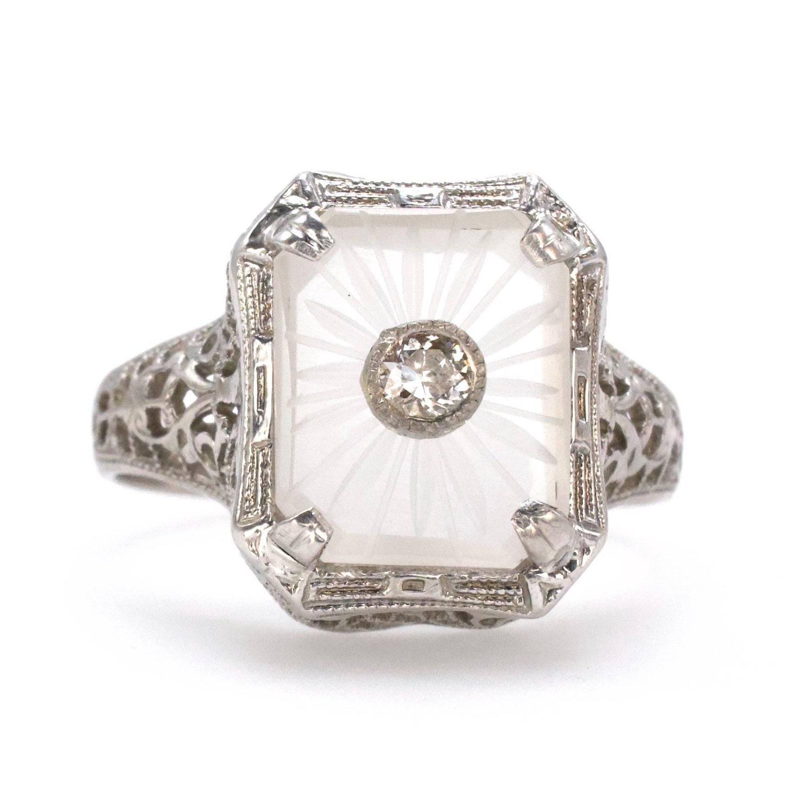 Art Deco Camphor Glass and Diamond Filigree Ring by Belais