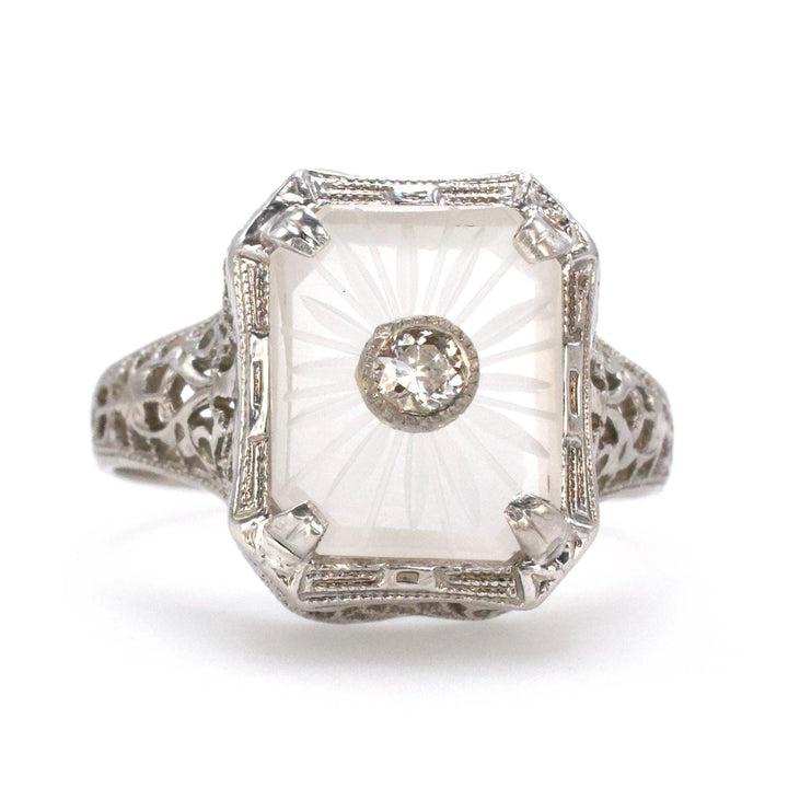 Art Deco Camphor Glass and Diamond Filigree Ring by Belais