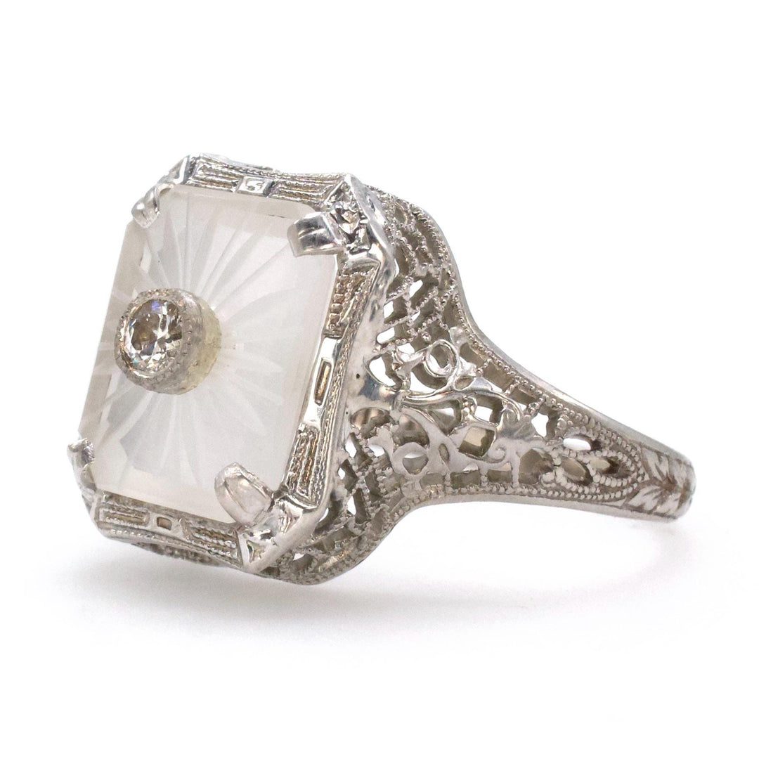 Art Deco Camphor Glass and Diamond Filigree Ring by Belais