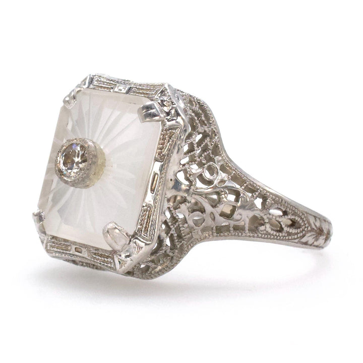 Art Deco Camphor Glass and Diamond Filigree Ring by Belais