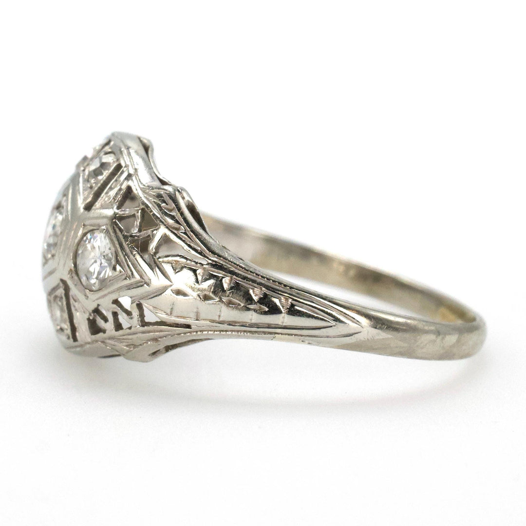 Art Deco Geometric Diamond Ring with Accent Filigree and Engraving 18K White Gold