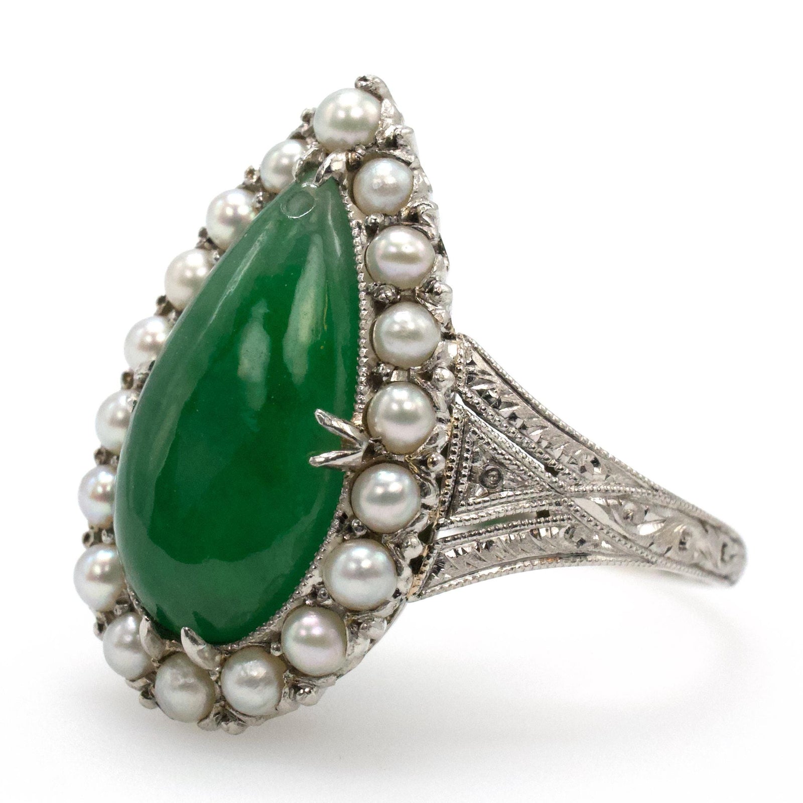 Art Deco Filigree Platinum Cocktail Ring with Pear Cut Jadeite and Seed Pearls
