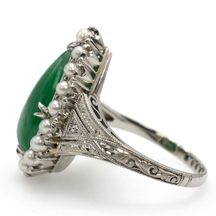 Art Deco Filigree Platinum Cocktail Ring with Pear Cut Jadeite and Seed Pearls