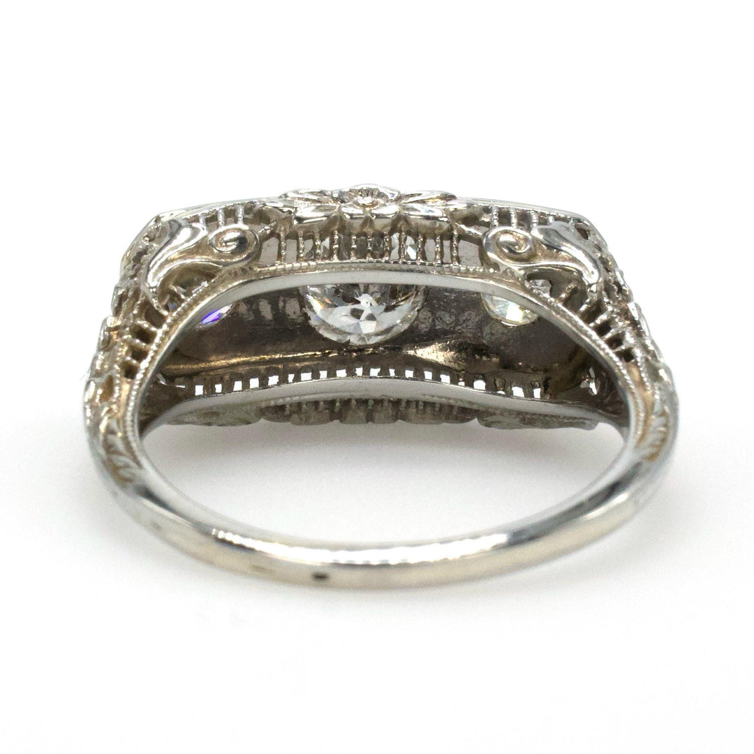 Edwardian Three Stone Engagement Ring with Filigree and European Cut Diamonds