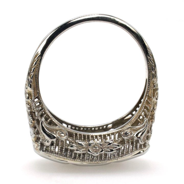 Edwardian Three Stone Engagement Ring with Filigree and European Cut Diamonds