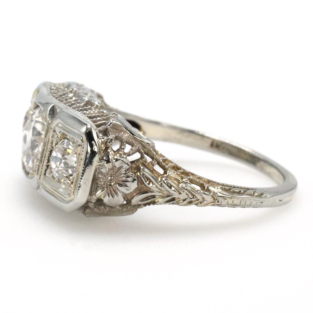 Edwardian Three Stone Engagement Ring with Filigree and European Cut Diamonds