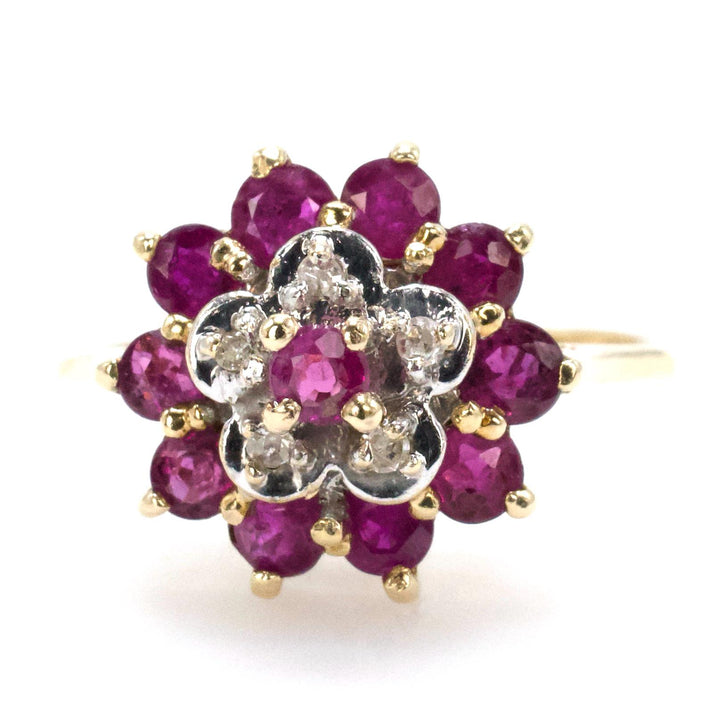 Estate Ruby and Diamond Flower Shaped Cluster Ring