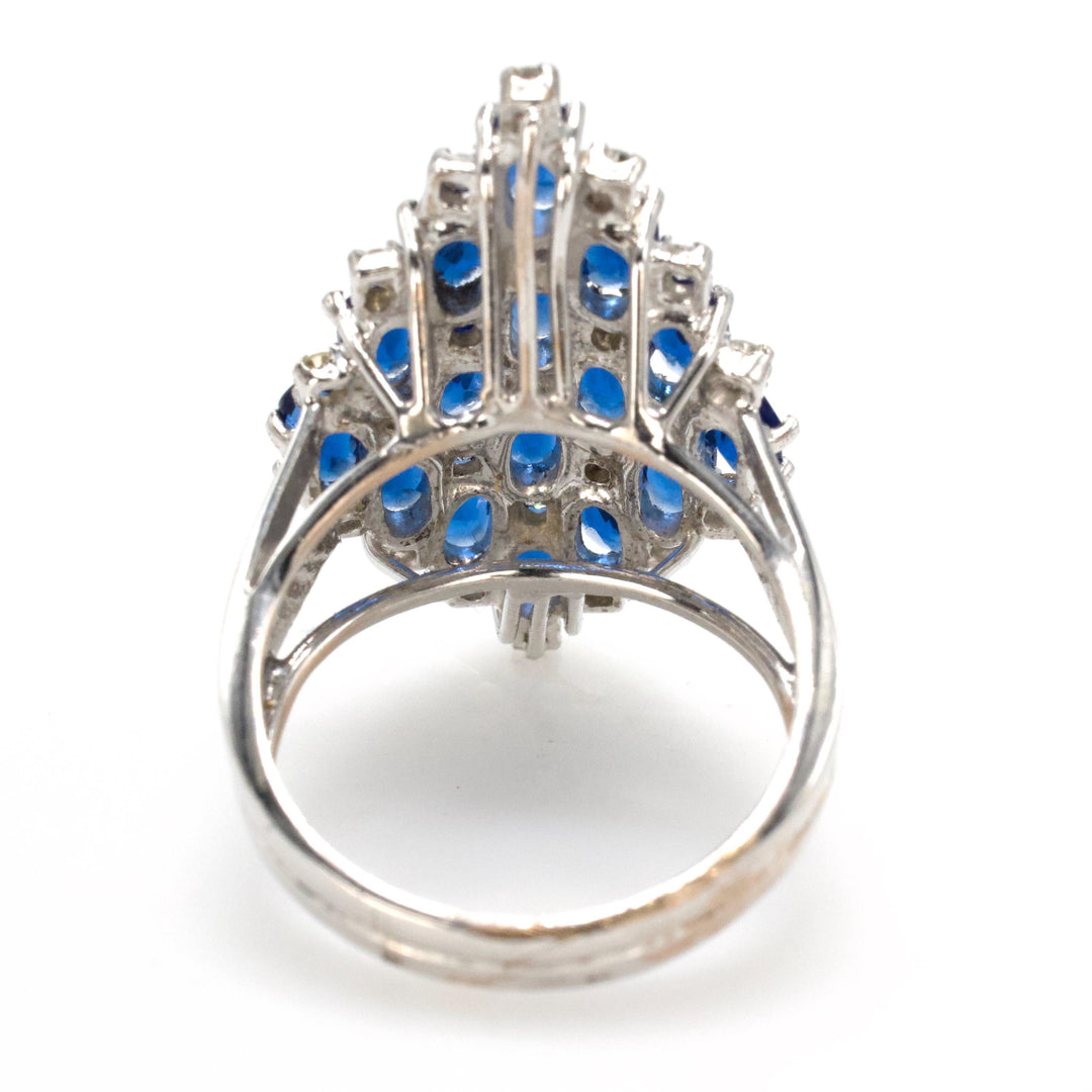 Large Lozenge Shaped Cluster Ring with Blue Glass and Diamonds