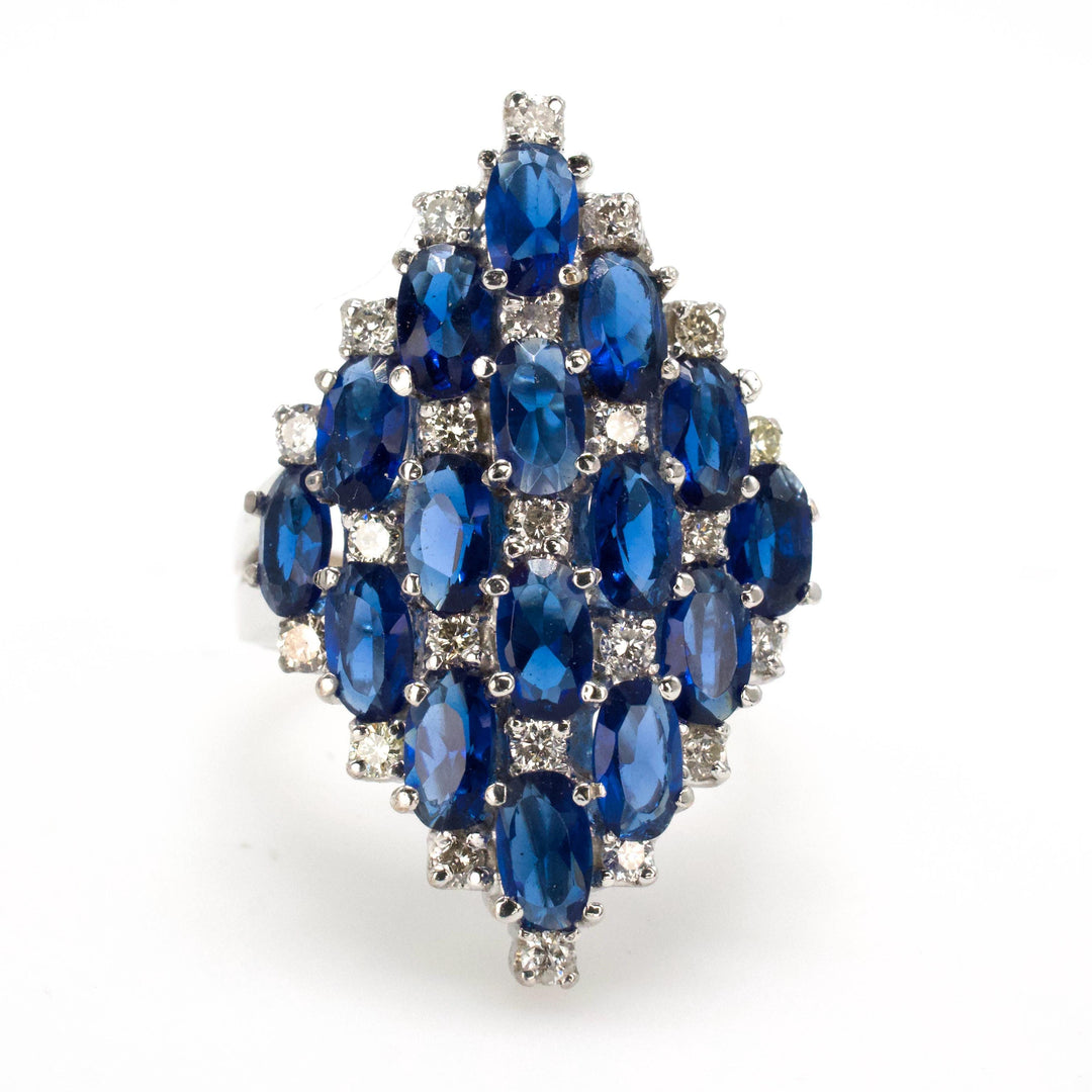 Large Lozenge Shaped Cluster Ring with Blue Glass and Diamonds
