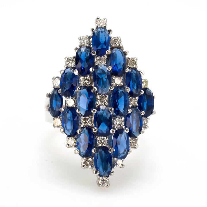 Large Lozenge Shaped Cluster Ring with Blue Glass and Diamonds