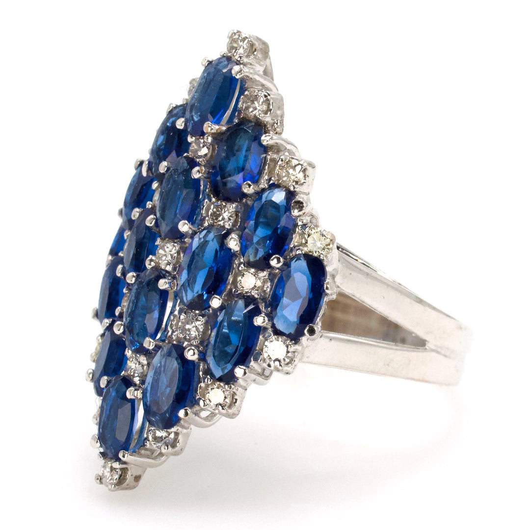 Large Lozenge Shaped Cluster Ring with Blue Glass and Diamonds