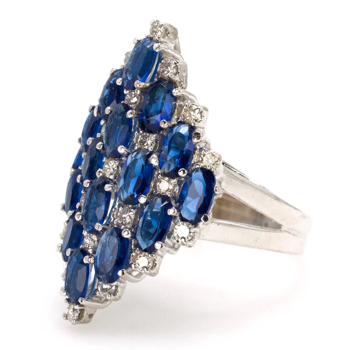 Large Lozenge Shaped Cluster Ring with Blue Glass and Diamonds