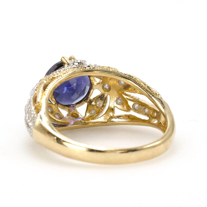 1.50 Carat Round Iolite in Two Tone Gold Art Deco Inspired Diamond Accented Ring
