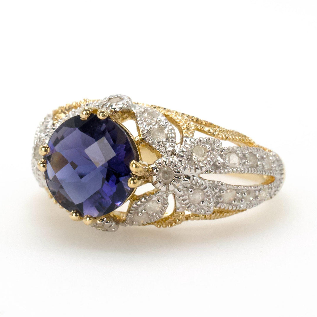 1.50 Carat Round Iolite in Two Tone Gold Art Deco Inspired Diamond Accented Ring