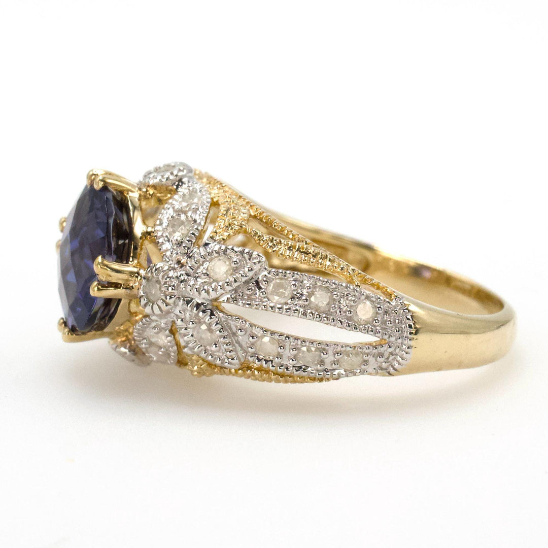 1.50 Carat Round Iolite in Two Tone Gold Art Deco Inspired Diamond Accented Ring