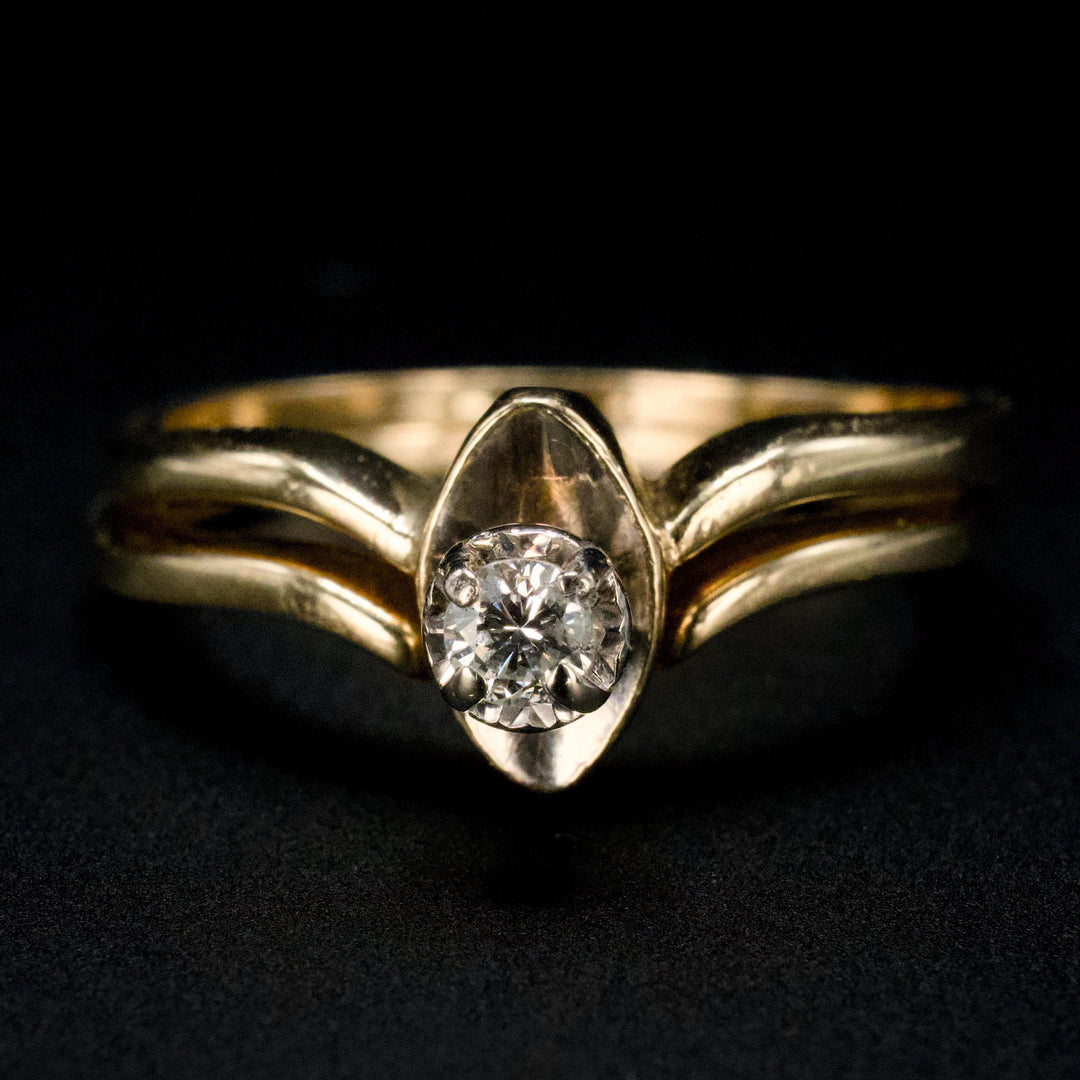 Midcentury Curved Diamond Ring in Gold with Contoured Shadow Band