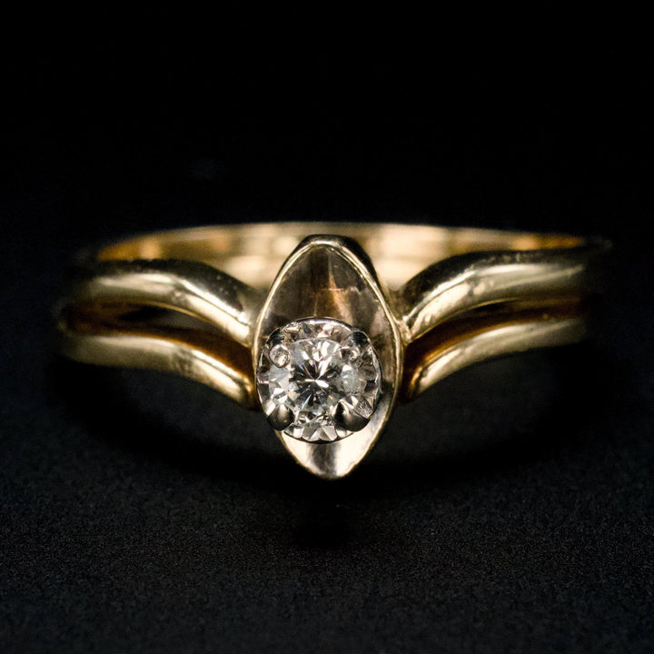 Midcentury Curved Diamond Ring in Gold with Contoured Shadow Band