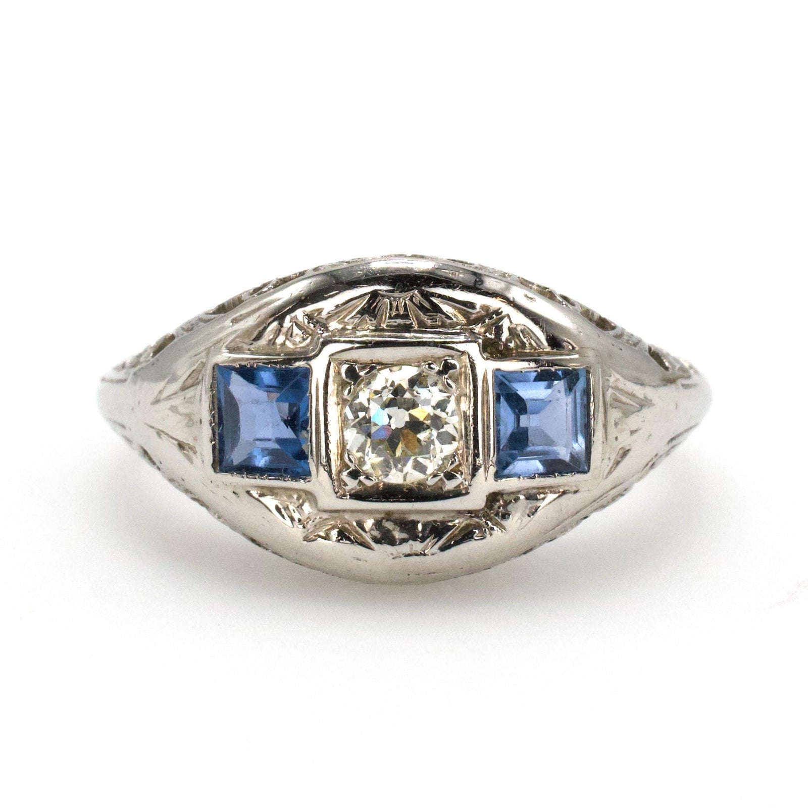 Art Deco Diamond and Sapphire Filigree Engagement Ring in 18K White Gold
