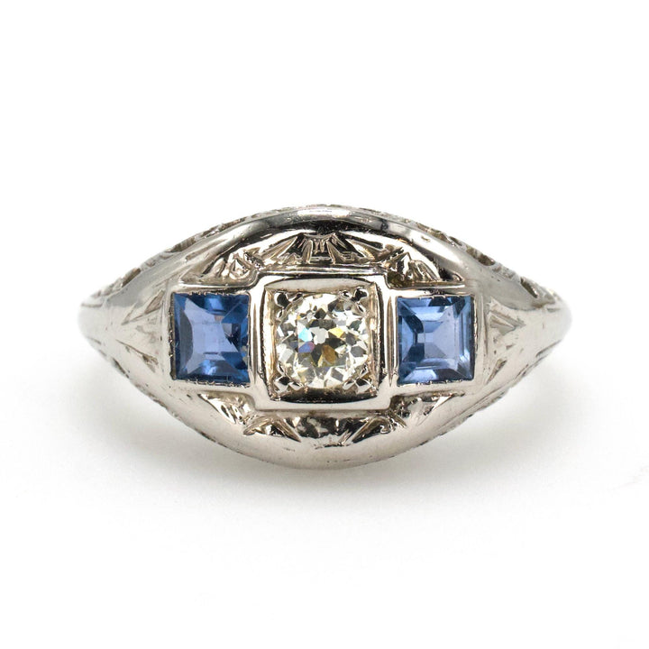 Art Deco Diamond and Sapphire Filigree Engagement Ring in 18K White Gold