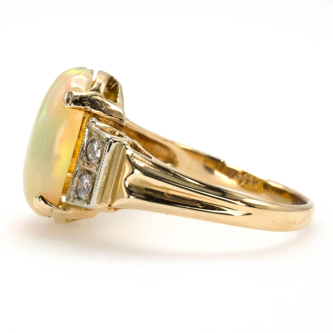 Victorian Gold Jelly Opal Ring with Single and European Cut Accent Diamonds