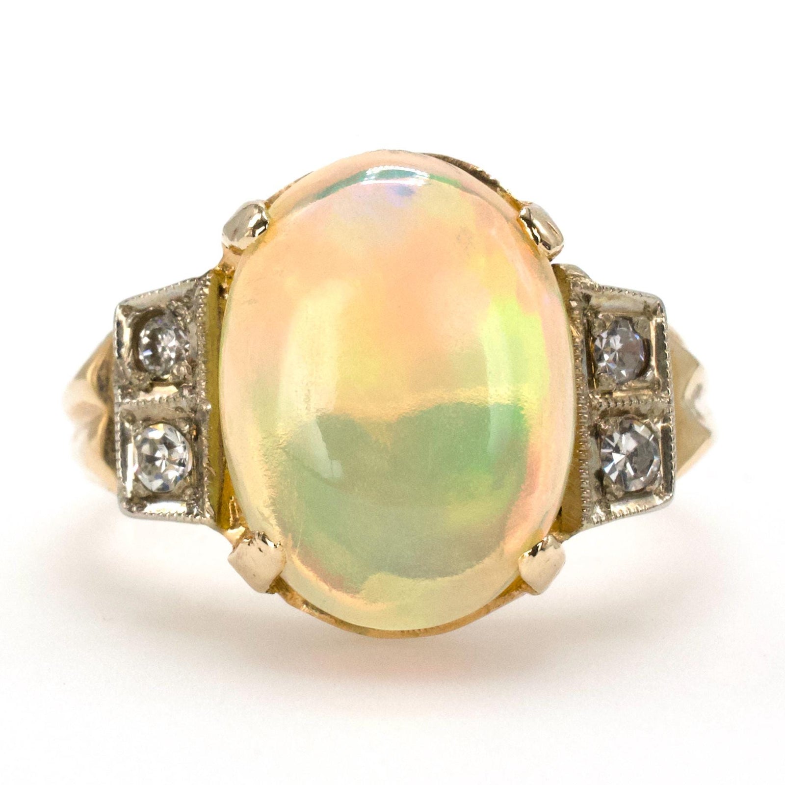 Victorian Gold Jelly Opal Ring with Single and European Cut Accent Diamonds