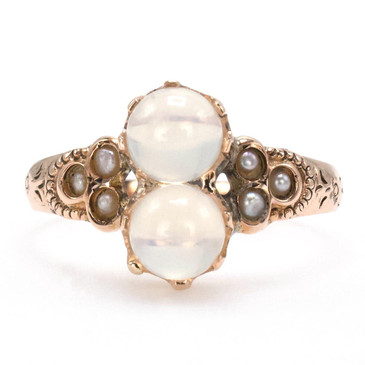 Victorian Toi-et-Moi Two Moonstone Gold Ring with Seed Pearl Accents