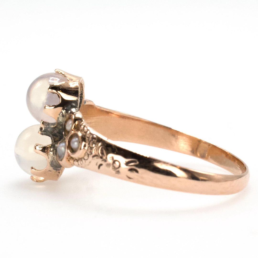 Victorian Toi-et-Moi Two Moonstone Gold Ring with Seed Pearl Accents