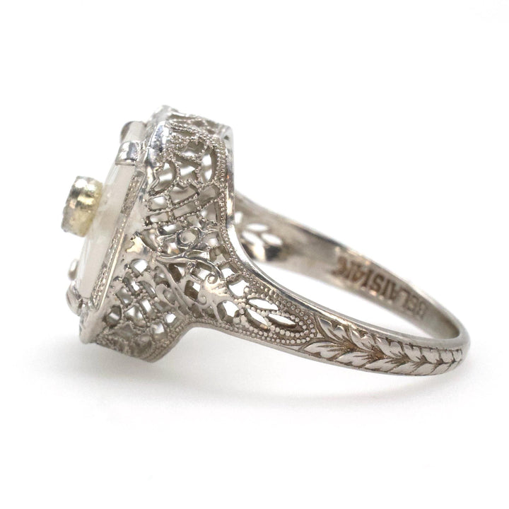 Art Deco Camphor Glass and Diamond Filigree Ring by Belais