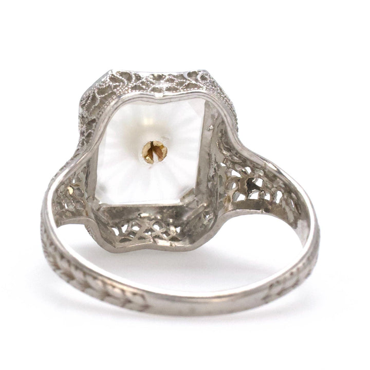 Art Deco Camphor Glass and Diamond Filigree Ring by Belais