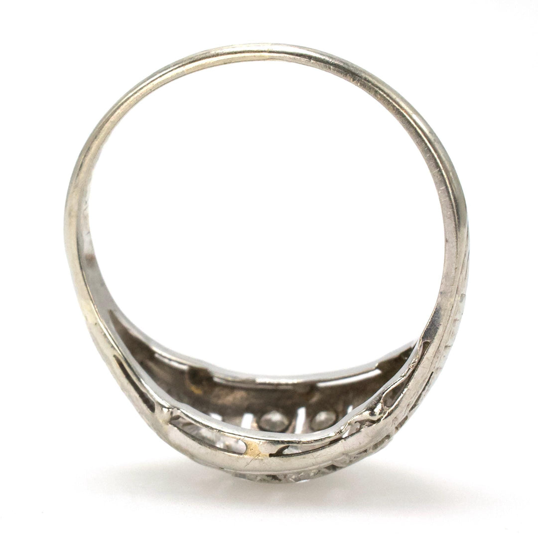 Art Deco Geometric Diamond Ring with Accent Filigree and Engraving 18K White Gold