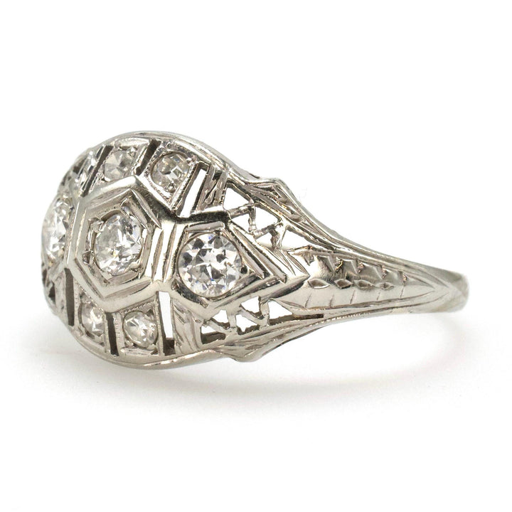 Art Deco Geometric Diamond Ring with Accent Filigree and Engraving 18K White Gold