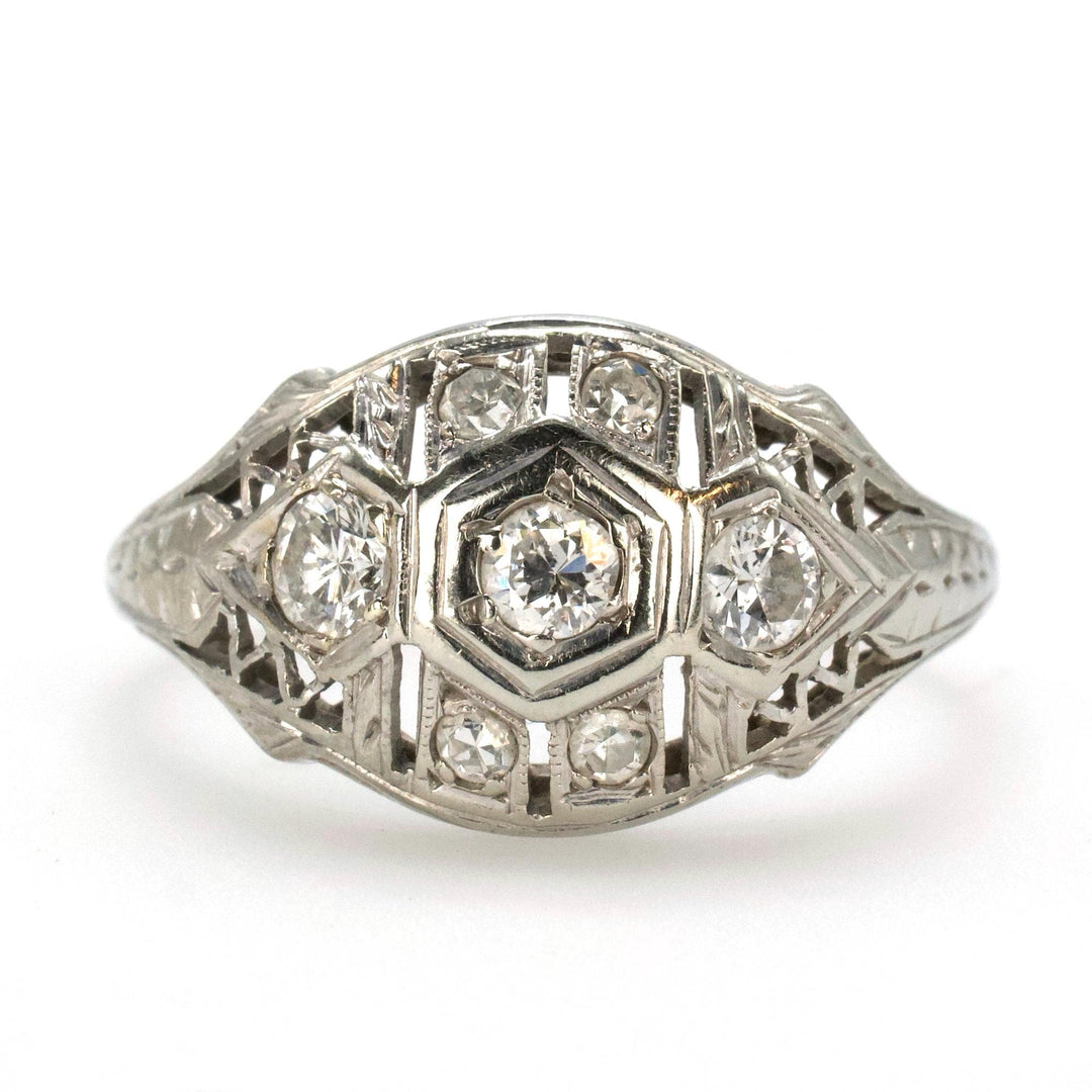 Art Deco Geometric Diamond Ring with Accent Filigree and Engraving 18K White Gold
