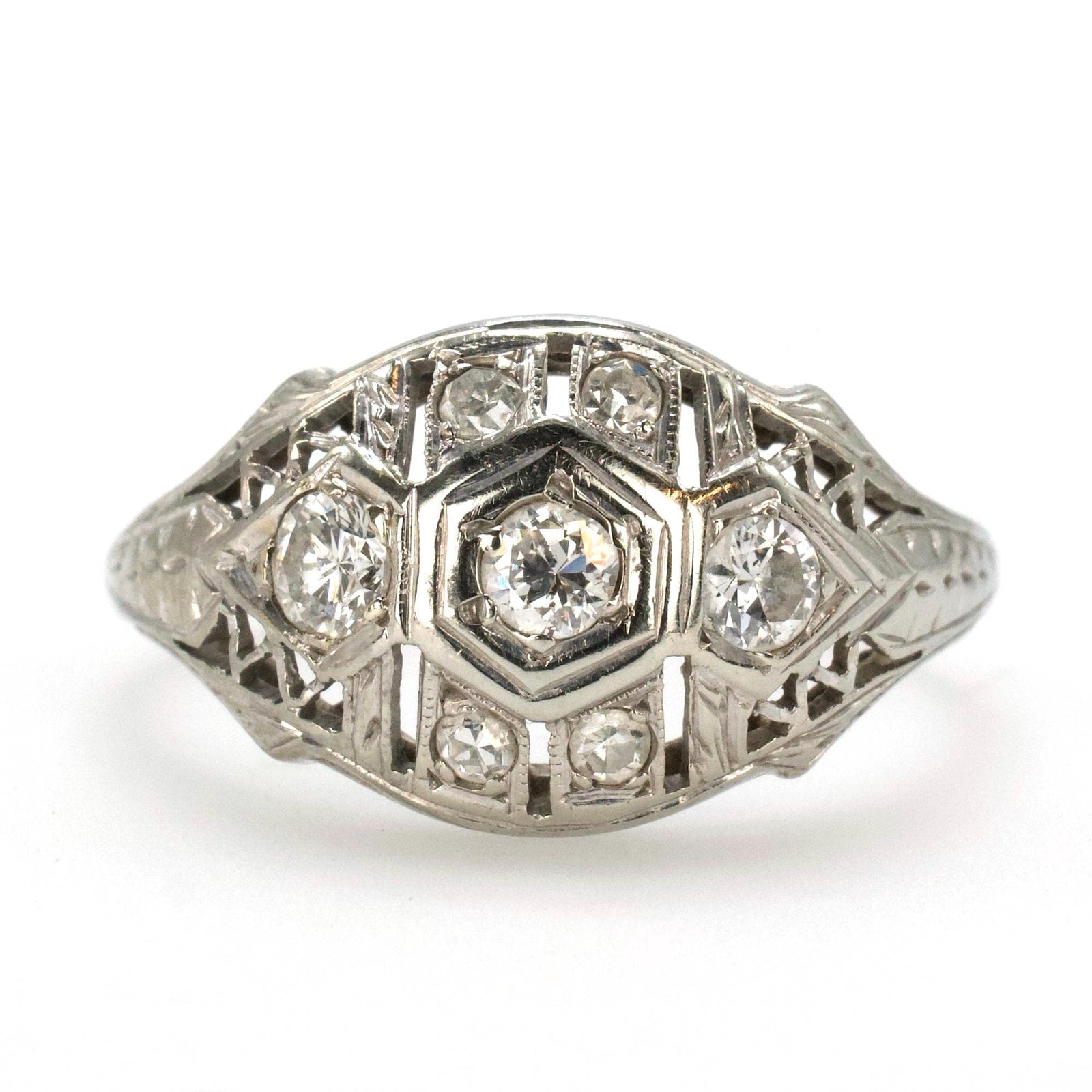Art Deco Geometric Diamond Ring with Accent Filigree and Engraving 18K White Gold