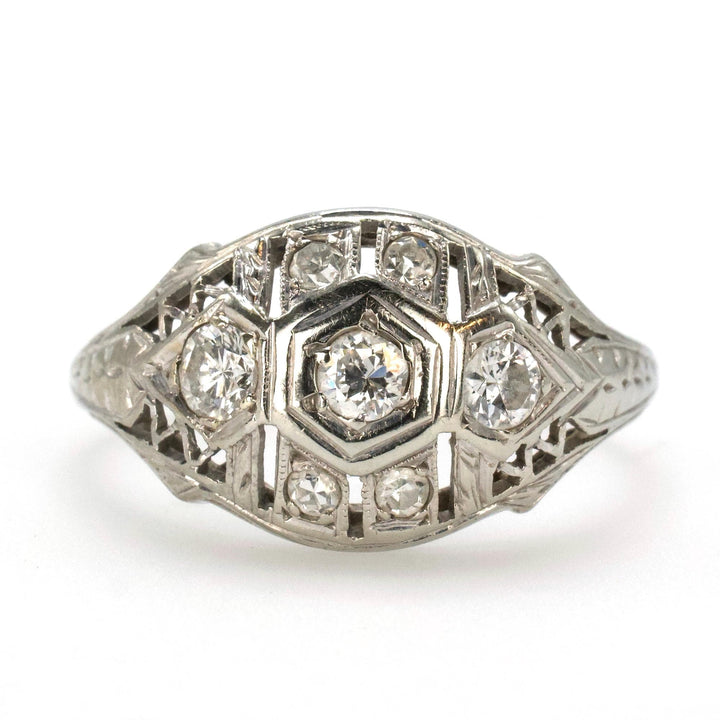 Art Deco Geometric Diamond Ring with Accent Filigree and Engraving 18K White Gold
