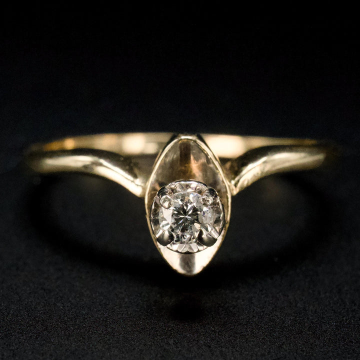 Midcentury Curved Diamond Ring in Gold with Contoured Shadow Band