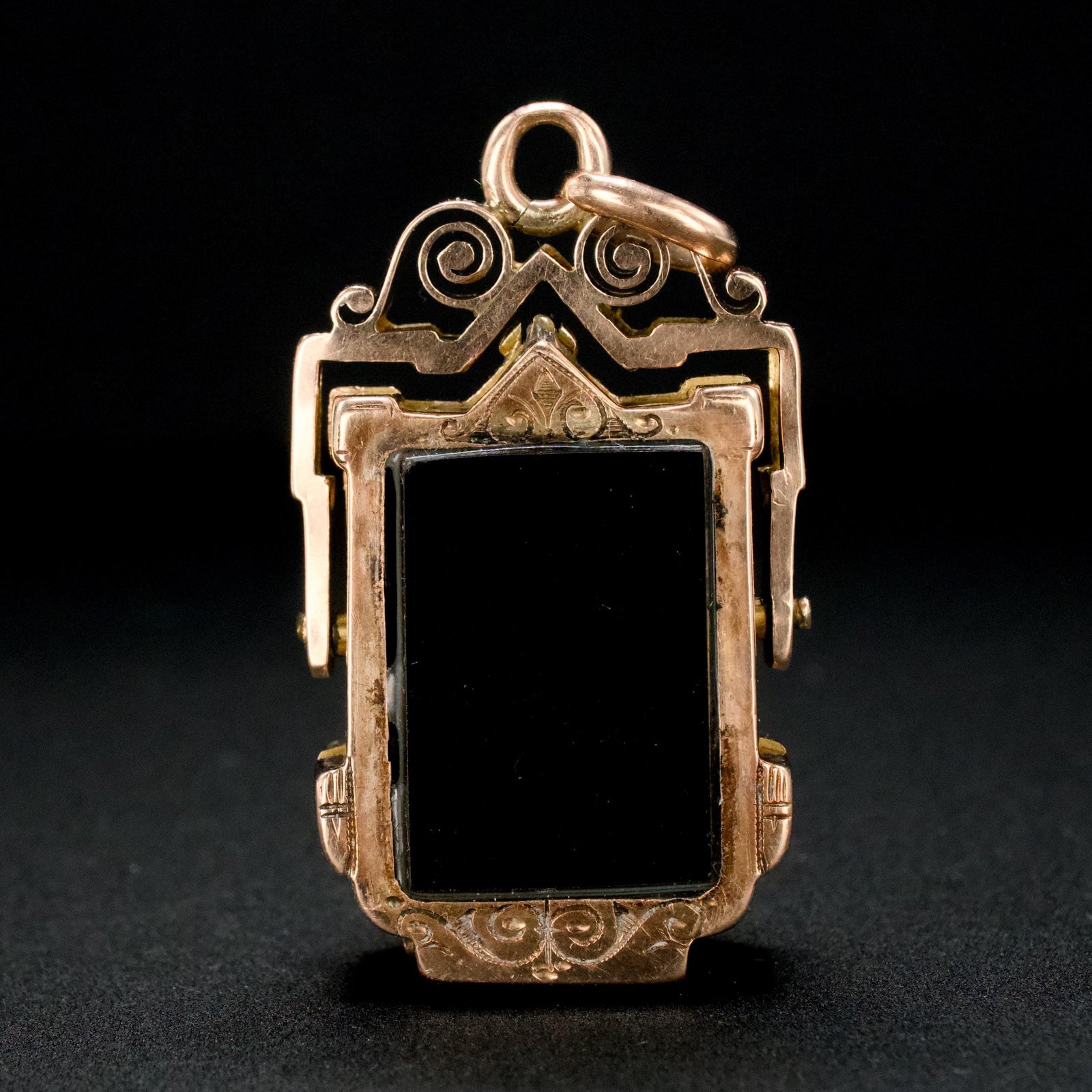 10K Yellow Gold Victorian Reversible Flip Fob with Onyx and Bloodstone