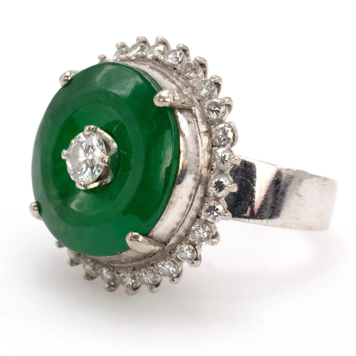 Imperial Fei Cui Jadeite Jade Donut Hololith Ring with Diamond Surround in 18K White Gold