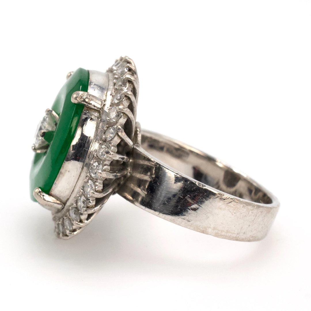 Imperial Fei Cui Jadeite Jade Donut Hololith Ring with Diamond Surround in 18K White Gold