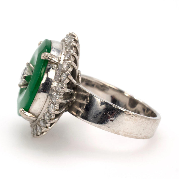 Imperial Fei Cui Jadeite Jade Donut Hololith Ring with Diamond Surround in 18K White Gold