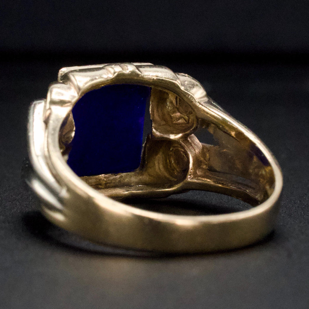 Vintage 1930s Two Tone Gold Gents Ring with Tablet Cut Lapis Lazuli