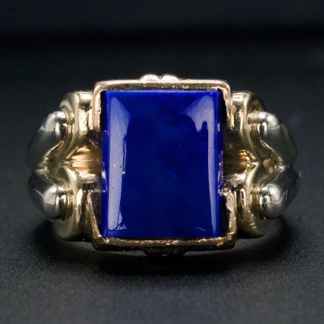 Vintage 1930s Two Tone Gold Gents Ring with Tablet Cut Lapis Lazuli